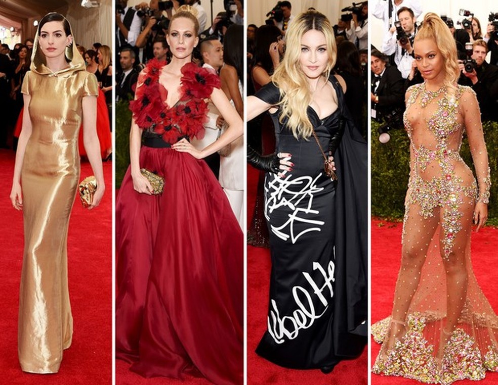 Anne Hathaway,Poppy Delevingne, Madonna e Beyoncé no Met gala 2015 (Fotos: Getty Images) — Foto: Vogue