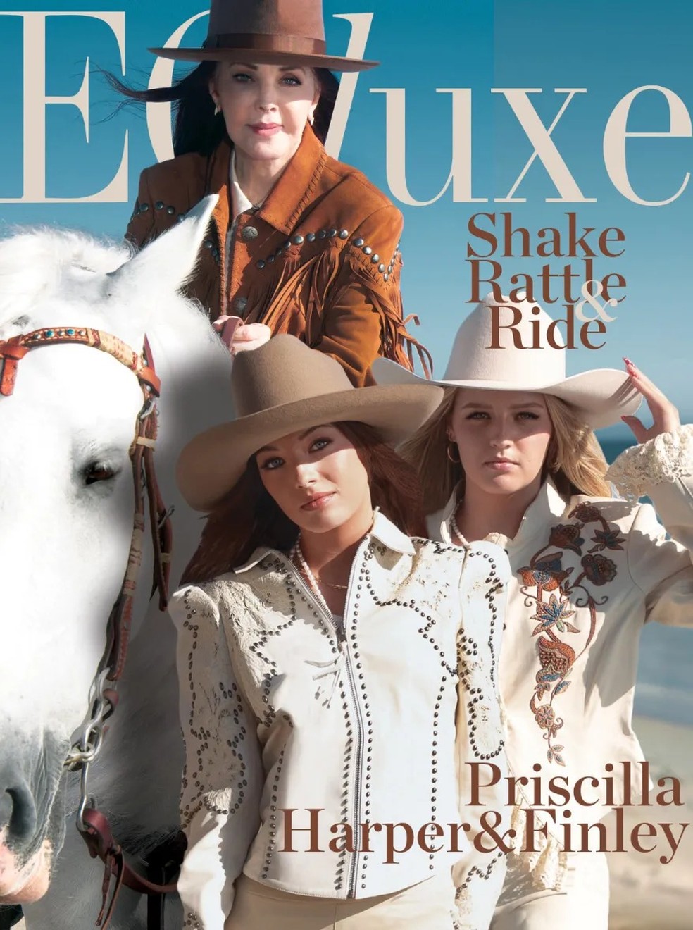 Priscilla Presley com as netas Harper e Finley Lockwood na capa da revista 'EQluxe' — Foto: Fotografia de Shelli Wright para EQluxe
