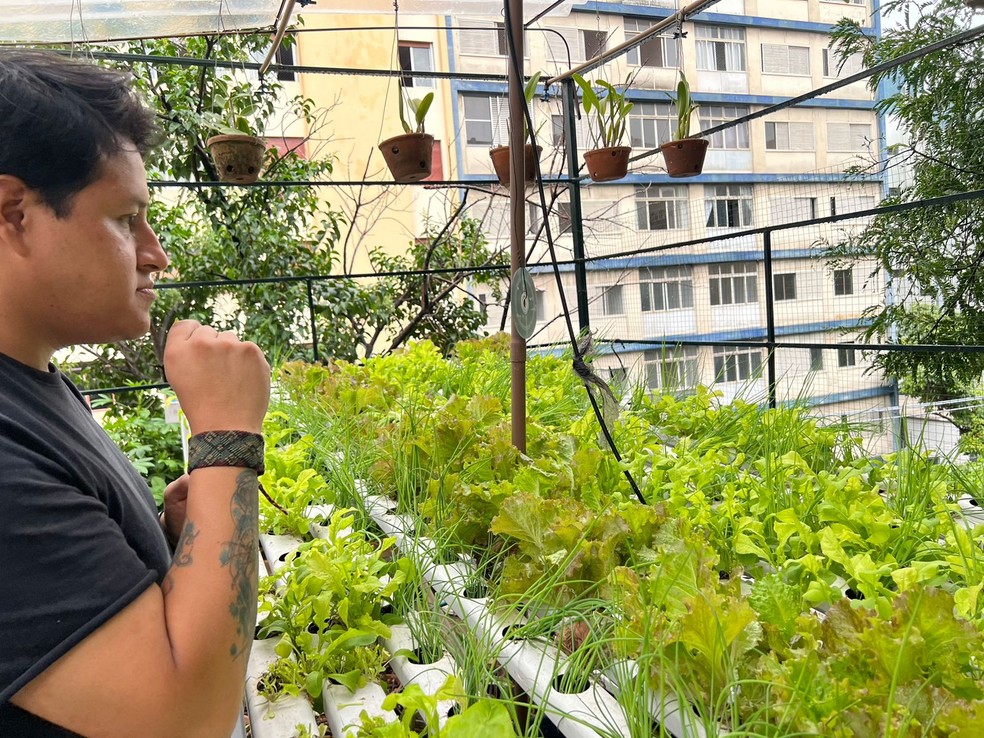 Chef Enrique Paredes na horta do Ama.zo - Cozinha Peruana — Foto: Ligia Prestes/Divulgação
