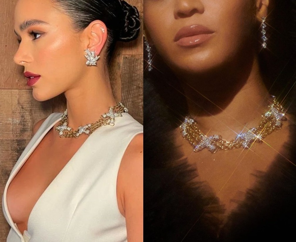 Bruna Marquezine e Beyoncé com joias Tiffany & Co. — Foto: Reprodução/ Instagram 