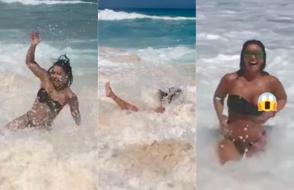 Expectativa x realidade: Vivi Araújo mostra caldo após fotos sexy no mar (Foto: Reprodução/Instagram) — Foto: Vogue