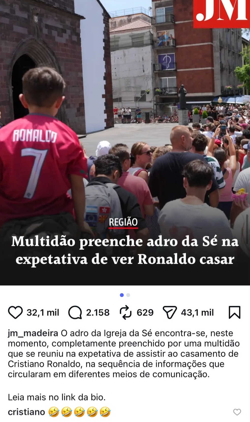 Cristiano Ronaldo reage à confusão em casamento — Foto: Instagram