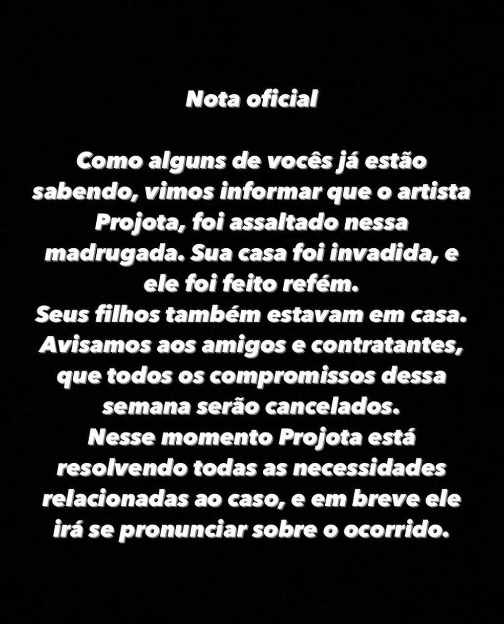 Nota oficial da assessoria de Projota — Foto: Reprodução/Instagram