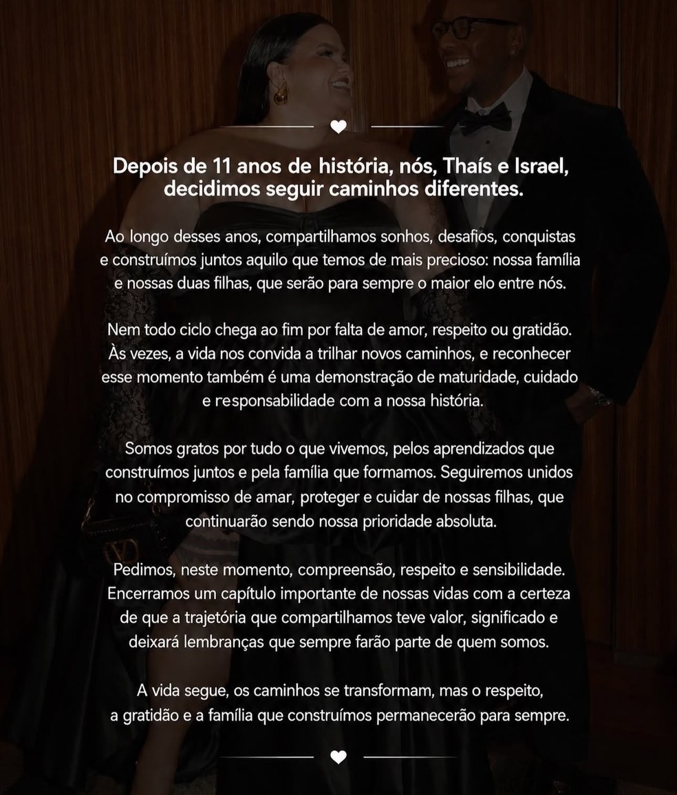 Thais Carla e Israel Reis anunciam o fim do casamento — Foto: Reprodução/Instagram