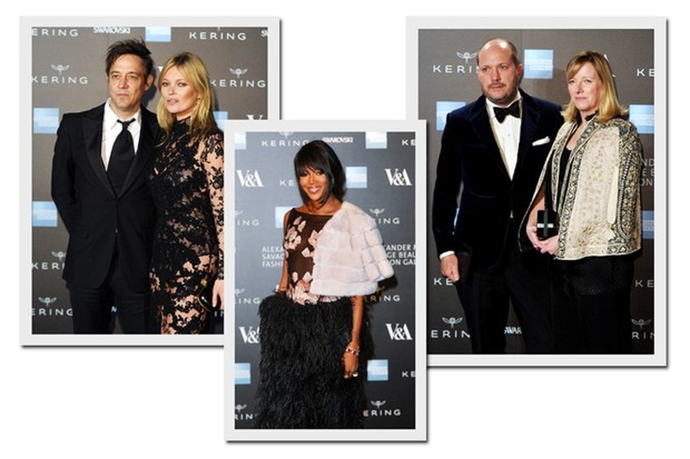 Jamie Hince e Kate Moss; Naomi Campbell e David e Sarah Burton vestem Alexander McQueen no vernissage da expo Savage Beauty, uma homenagem ao trabalho do designer, no V&A, em Londres (Fotos: Getty Images) — Foto: Vogue