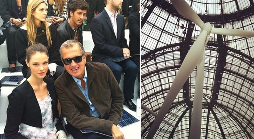 Laura Neiva e Mario Testino na fila A do desfile da Chanel; no cenário, grandes moinhos de vento dentro do Grand Palais (Foto: Ana Clara Garmendia/Moda Paris e Reprodução/Instagram) — Foto: Vogue