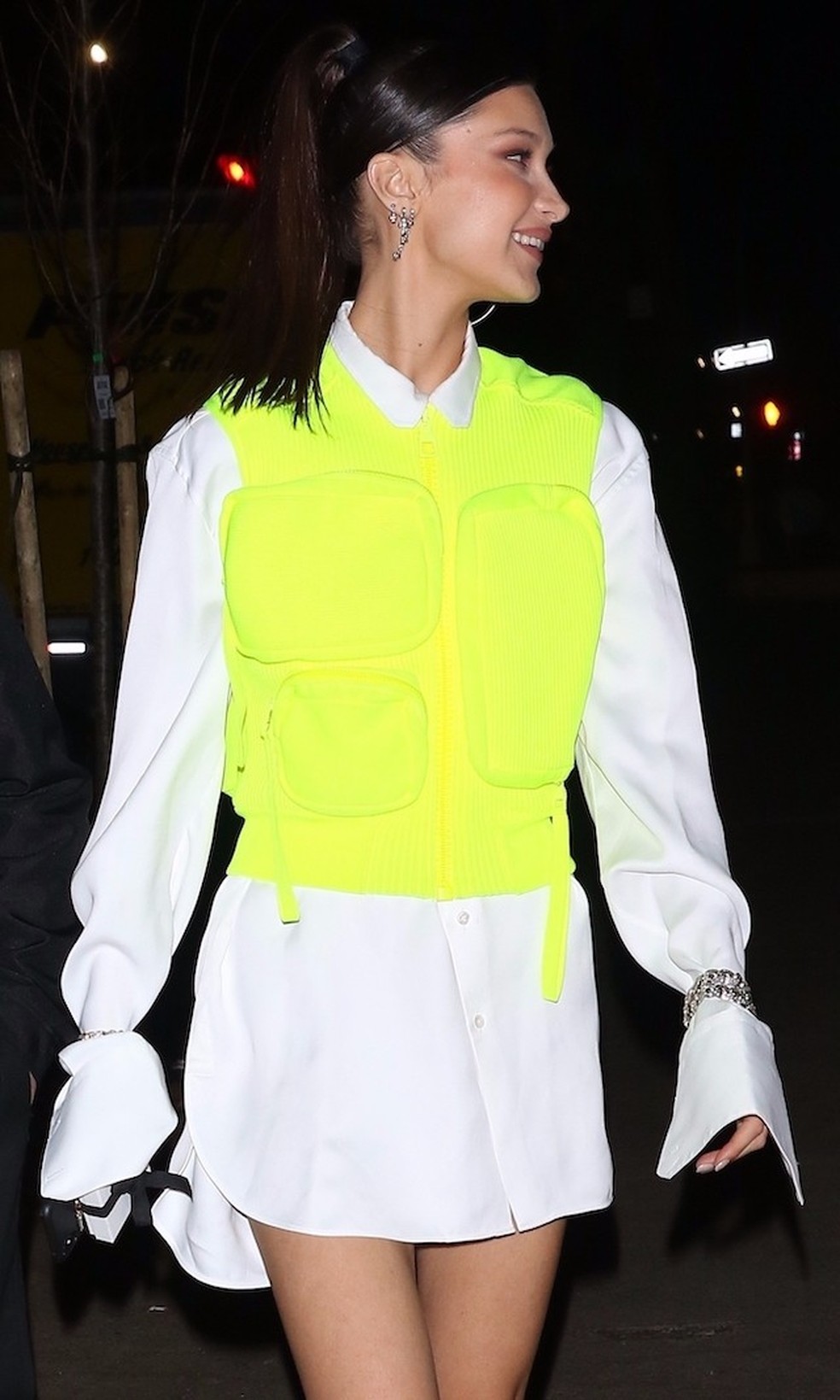 Bella Hadid Wears a Louis Vuitton Neon Vest by Virgil Abloh