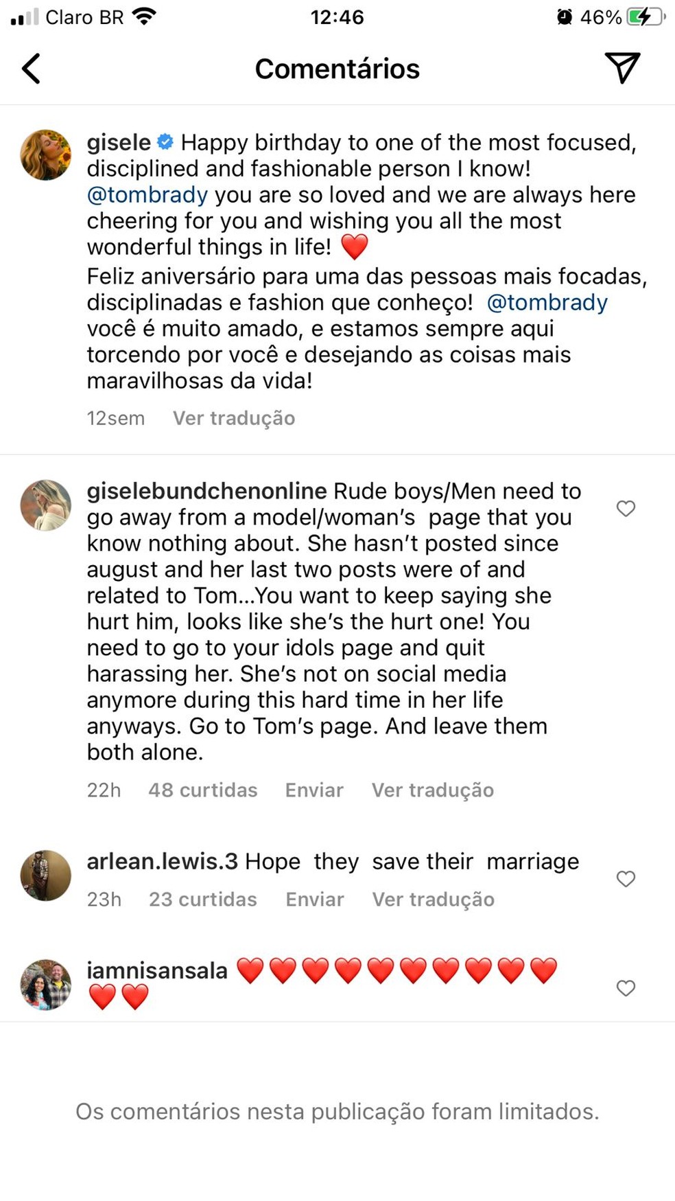 Gisele Bündchen limita caixa de comentários ao anunciar divórcio — Foto: Instagram/Reprodução
