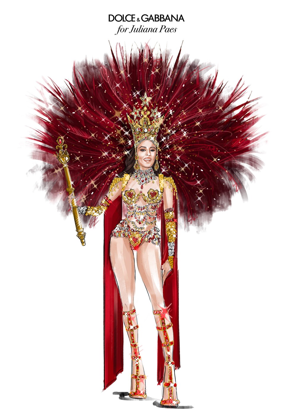Croqui do figurino de Juliana Paes assinado pela Dolce & Gabbana para a Unidos da Viradouro — Foto: Cortesia de D&G
