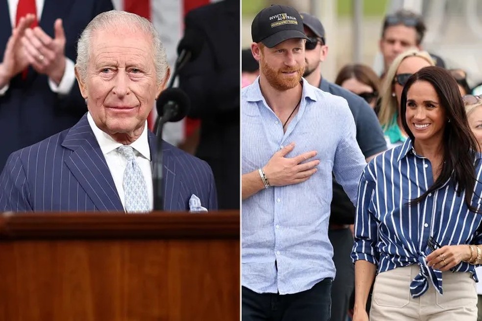O Rei Charles discursa no Congresso; o Príncipe Harry e Meghan Markle na Austrália — Foto: GettyImages
