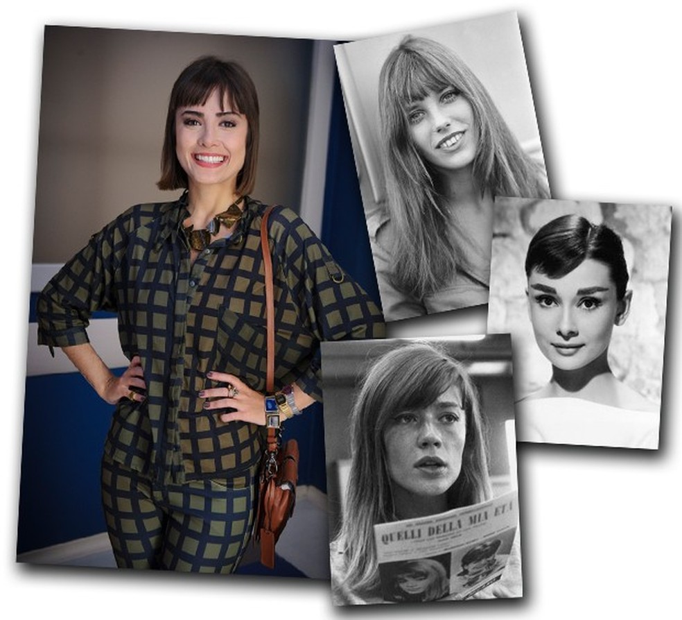 O corte atual da atriz é uma releitura moderna de musas da década de 60, como Jane Birkin, Audrey Hepburn e Françoise Hardy (Foto: Divulgação/ TV Globo e Getty Images) — Foto: Vogue