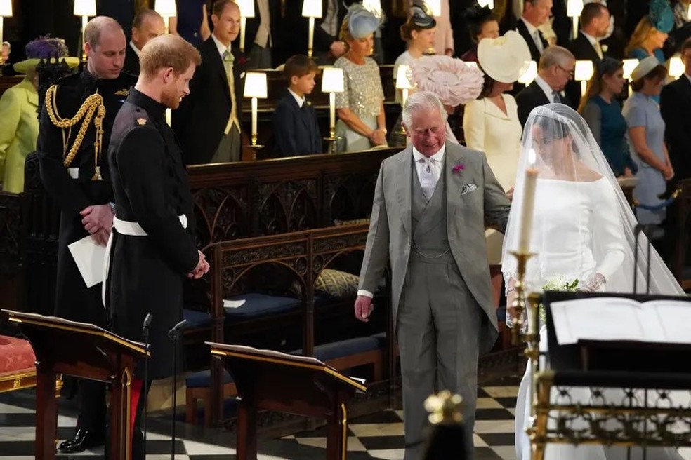 Príncipe Harry, Rei Charles e Meghan Markle em 19 de maio de 2018 — Foto: GettyImages