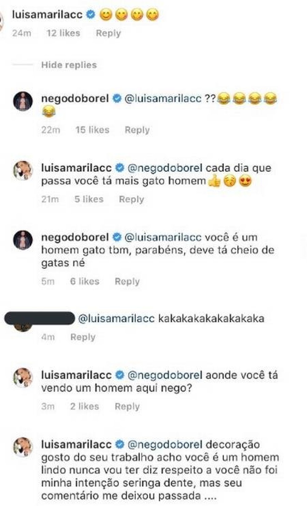 A resposta de Nego do Borel em comentário de Luísa Marillac que deu início à toda polêmica (Foto: reprodução/Instagram) — Foto: Vogue