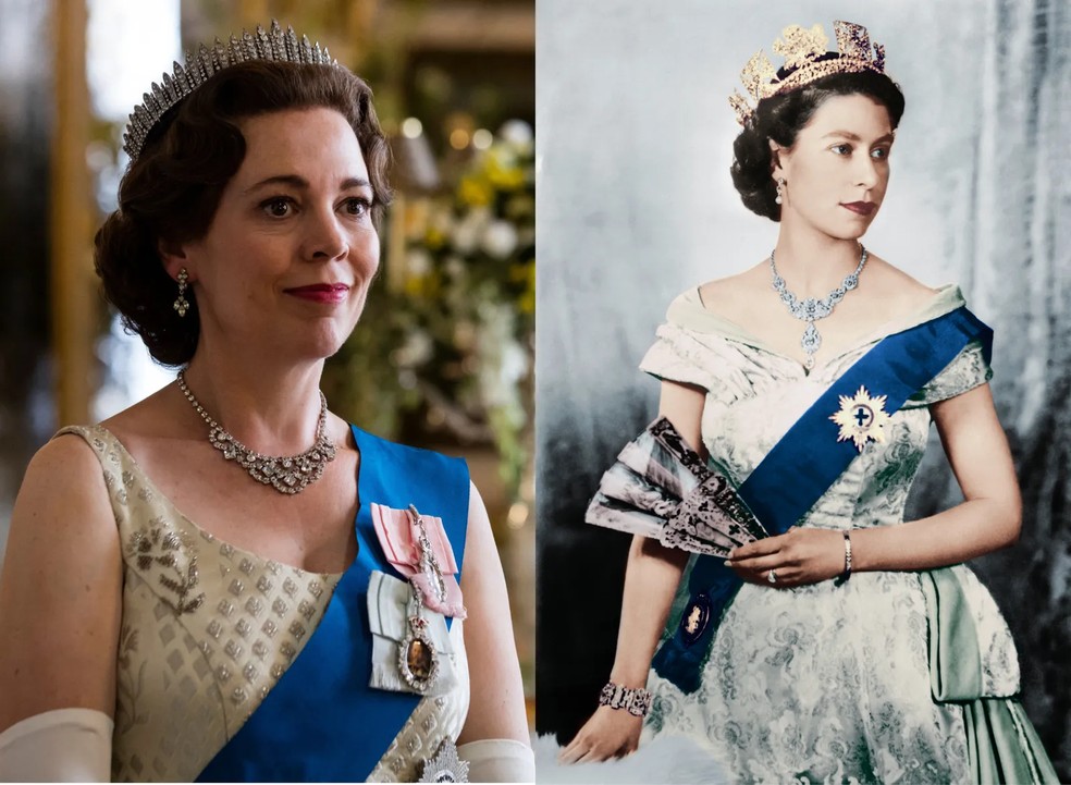 Olivia Colman como a rainha Elizabeth II — Foto: Netflix e Getty Images
