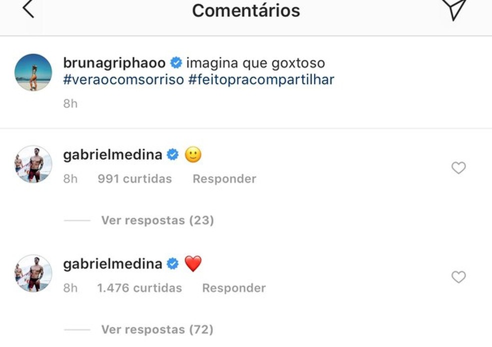 Gabriel Medina comenta em foto de Bruna Griphao (Foto: Reprodução/Instagram) — Foto: Vogue