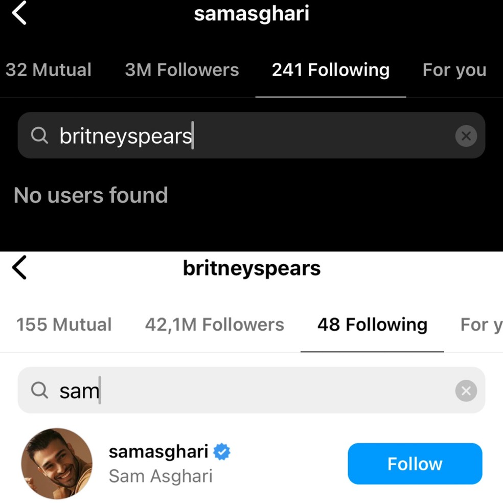 Britney Spears ainda seguia o ex-marido quando o modelo deixou de segui-la — Foto: Instagram