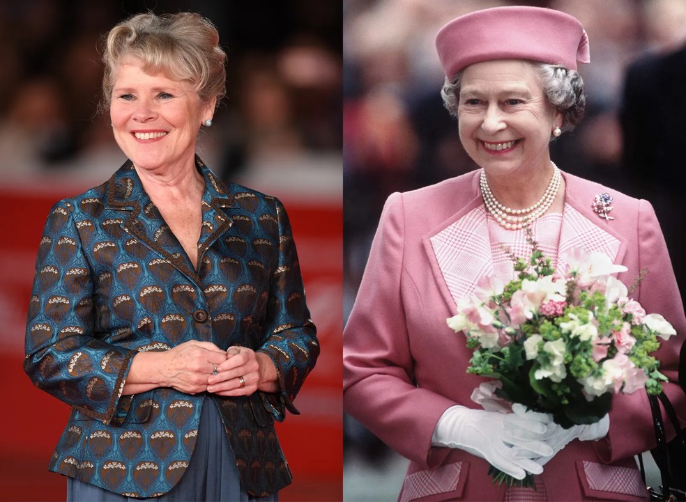 Imelda Staunton viveu a rainha Elizabeth II  — Foto: Netflix e Getty Images