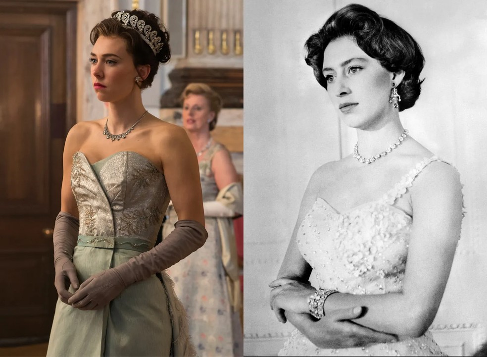 Vanessa Kirby como a princesa Margaret — Foto: Netflix e Getty Images