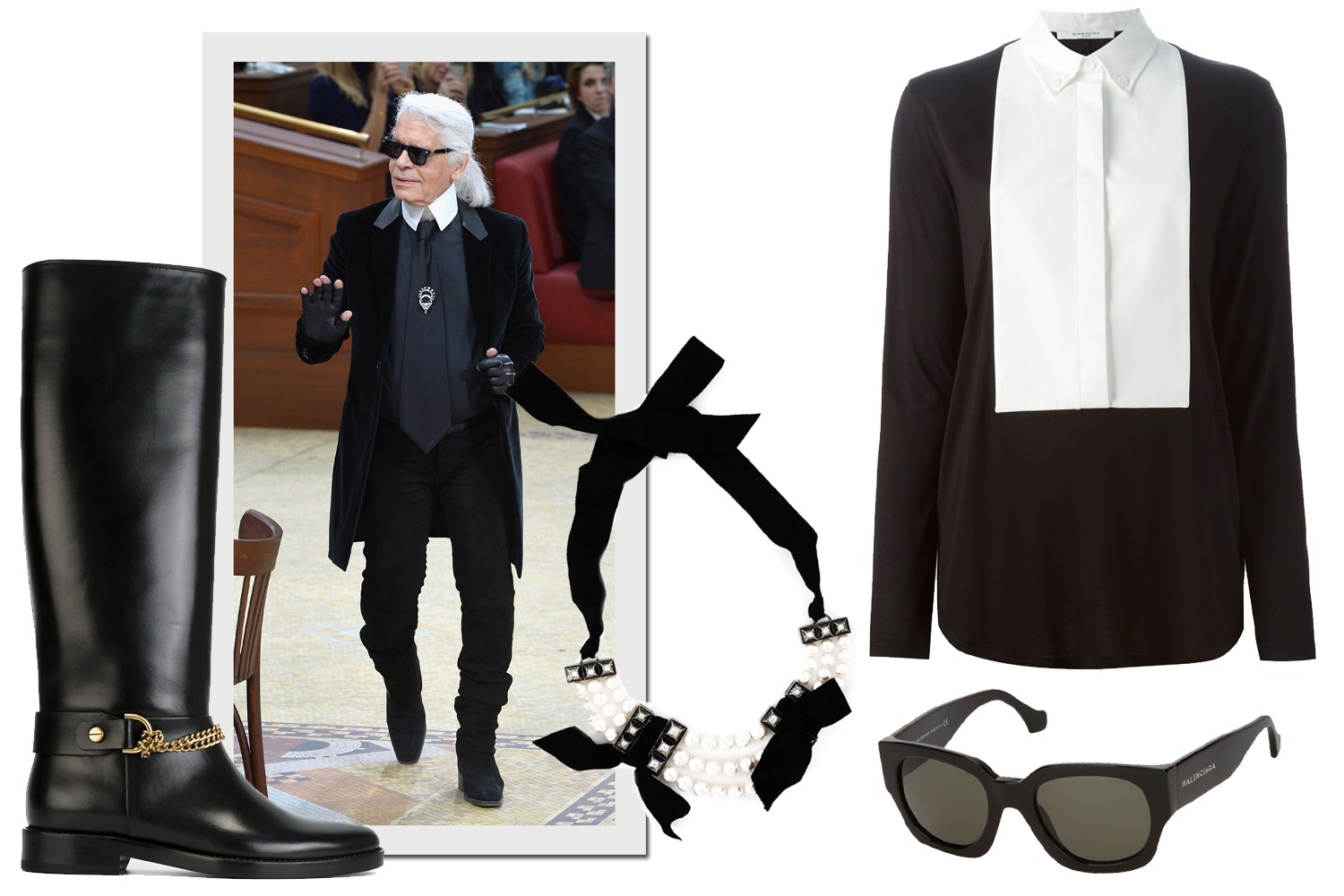 Bota, R$ 9.090 e colar, R$ 6.090, ambos Lanvin; camisa Givenchy, R$ 5.140, óculos Balenciaga, R$ 1.930, na Farfetch  