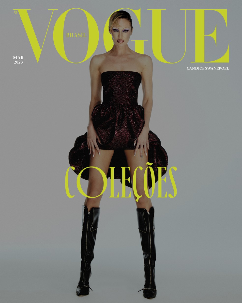 Candice Swanepoel usa Paula Raia e Schutz na capa da edição de março 2023 da Vogue Brasil — Foto: Lufré