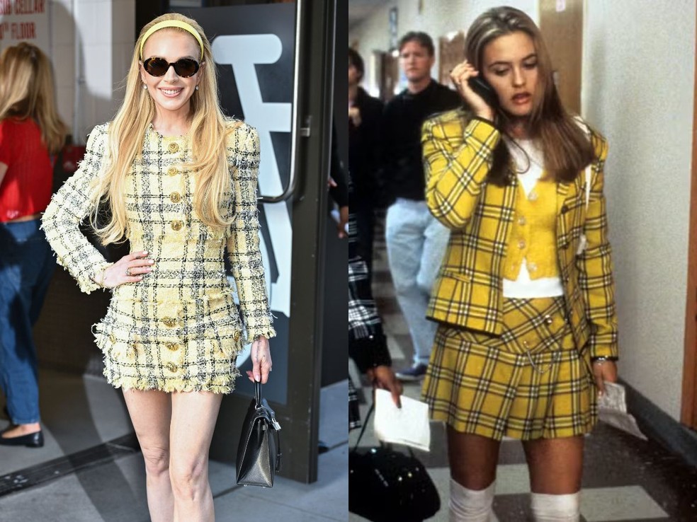 Lindsay Lohan surge usando look semelhante ao de Cher Horowitz em "As Patricinhas de Beverly Hills" — Foto: Getty Images