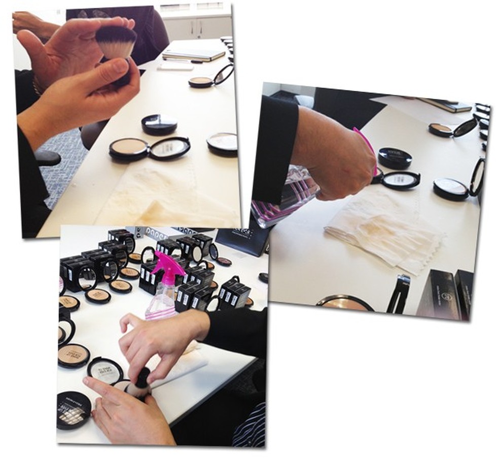 O maquiador fez uma demonstração de como usar o novo produto da Make Up For Ever: com o pincel seco, funciona como um pó compacto, e, quando umedecido faz a vez de uma base (Foto: Renata Garcia) — Foto: Vogue