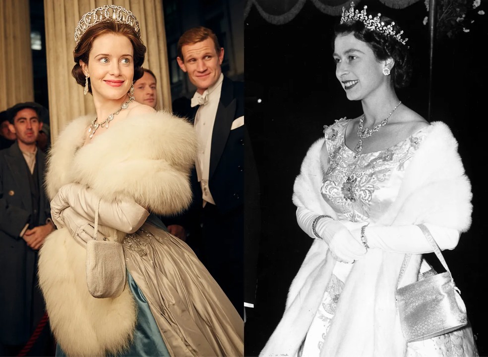 Claire Foy como a rainha Elizabeth II — Foto: Netflix e Getty Images