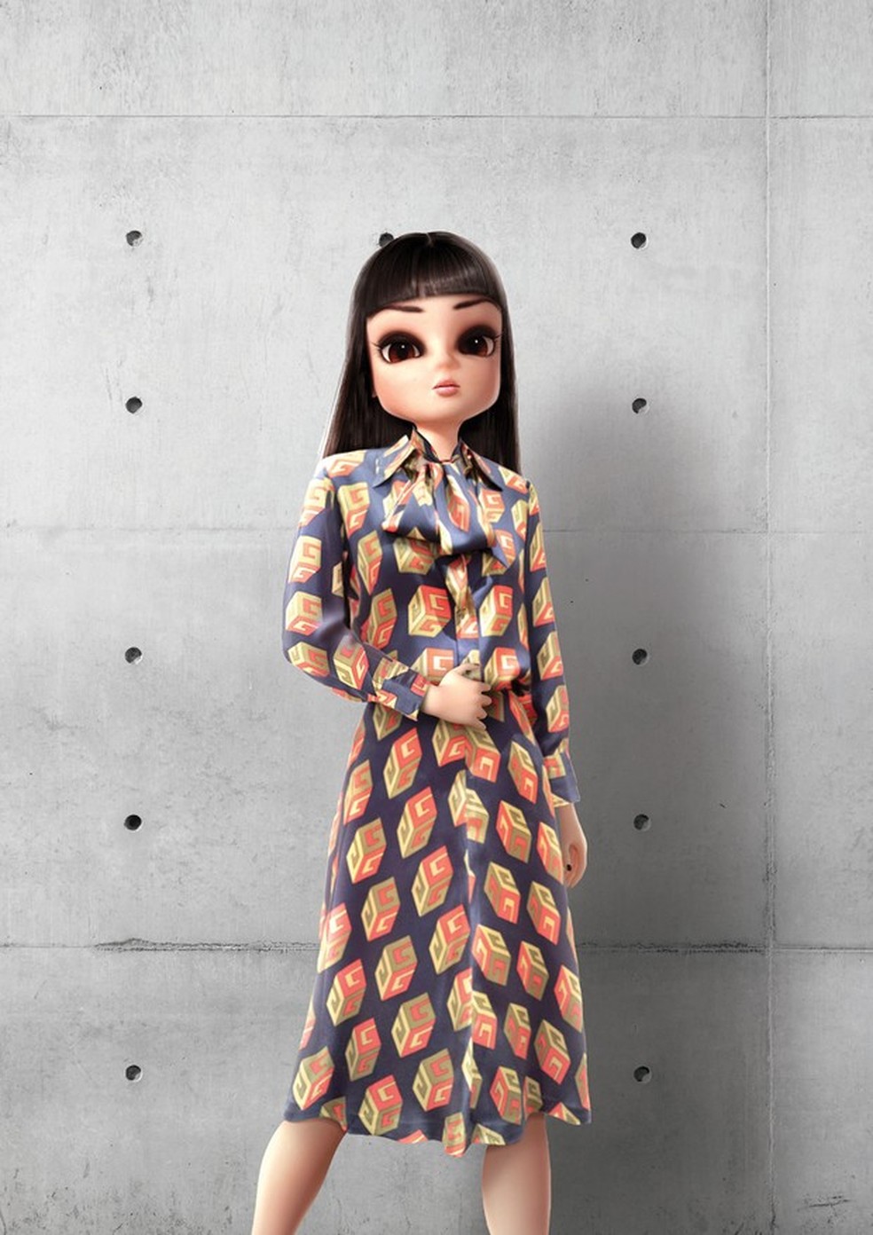 Noonoouri usa vestido do pre-fall 2018 da Gucci (Foto: Joerg Zuber/Divulgação) — Foto: Vogue